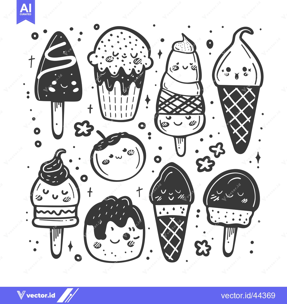 Premium Vector dari Hand-Drawn Black and White Illustration of Cute Ice Cream and Other Fr