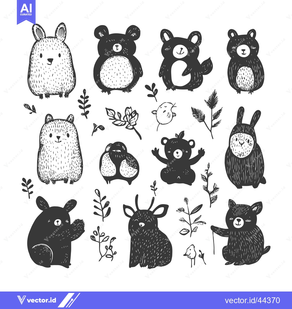 Premium Vector dari Hand-drawn black and white illustration of cute woodland animals and p