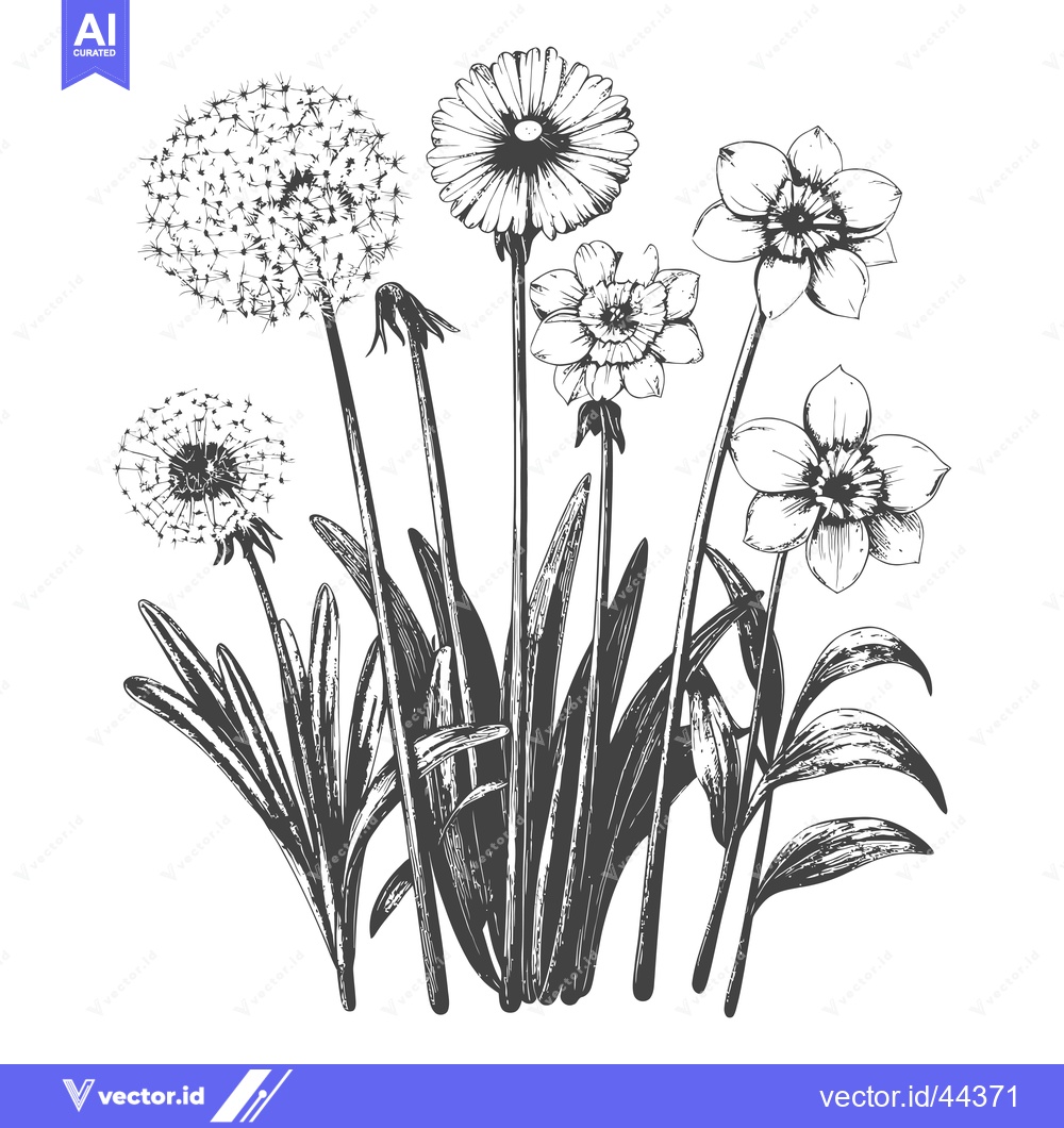 Premium Vector dari Hand-drawn Black and White Illustration of Dandelion and Daffodils