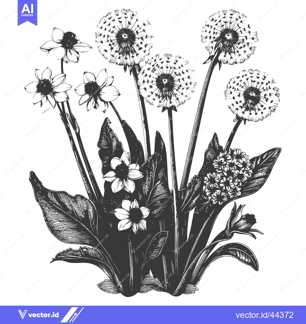 Premium Vector of Hand-Drawn Black and White Illustration of Dandelions and Flowers