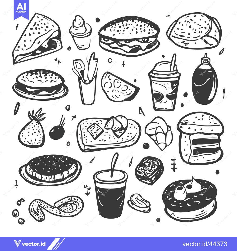 Premium Vector dari Hand-Drawn Black and White Illustration of Fast Food and Drinks