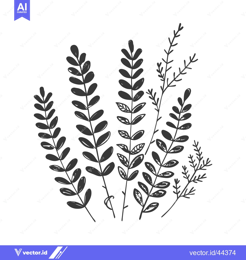 Premium Vector dari Hand-drawn Black and White Illustration of Five Plant Stems with Leave