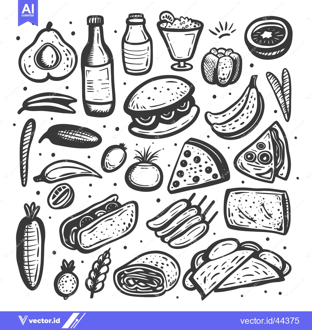 Premium Vector dari Hand-Drawn Black and White Illustration of Food Items