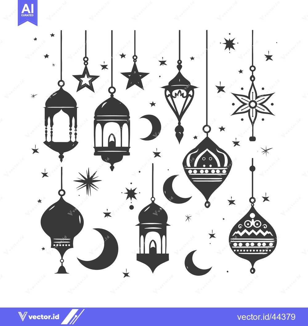 Premium Vector of Hand-drawn black and white illustration of hanging lanterns, stars, an