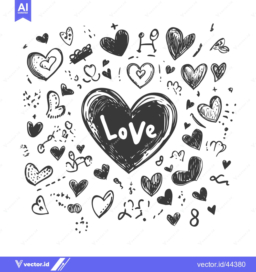 Premium Vector of Hand-Drawn Black and White Illustration of Hearts and the Word "Love"