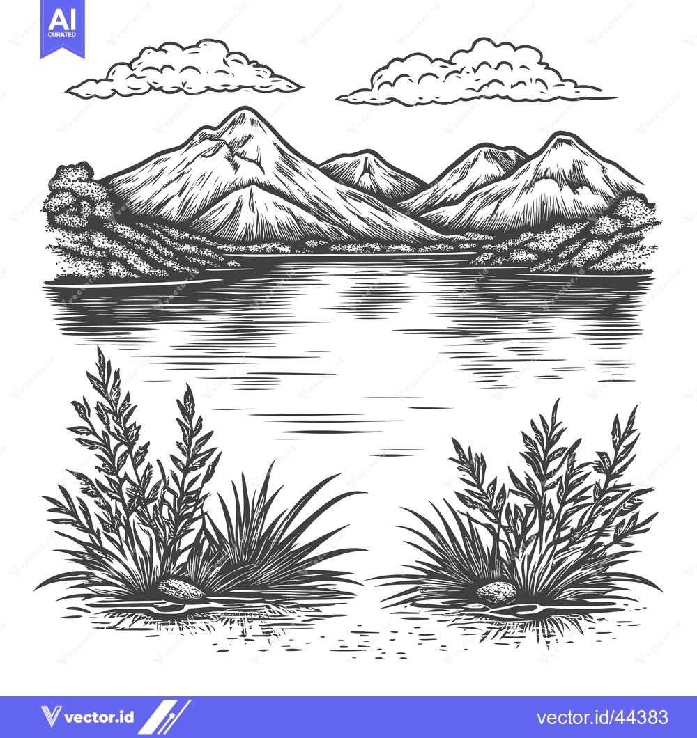 Premium Vector of Hand-Drawn Black and White Illustration of Mountains, Lake, and Grass