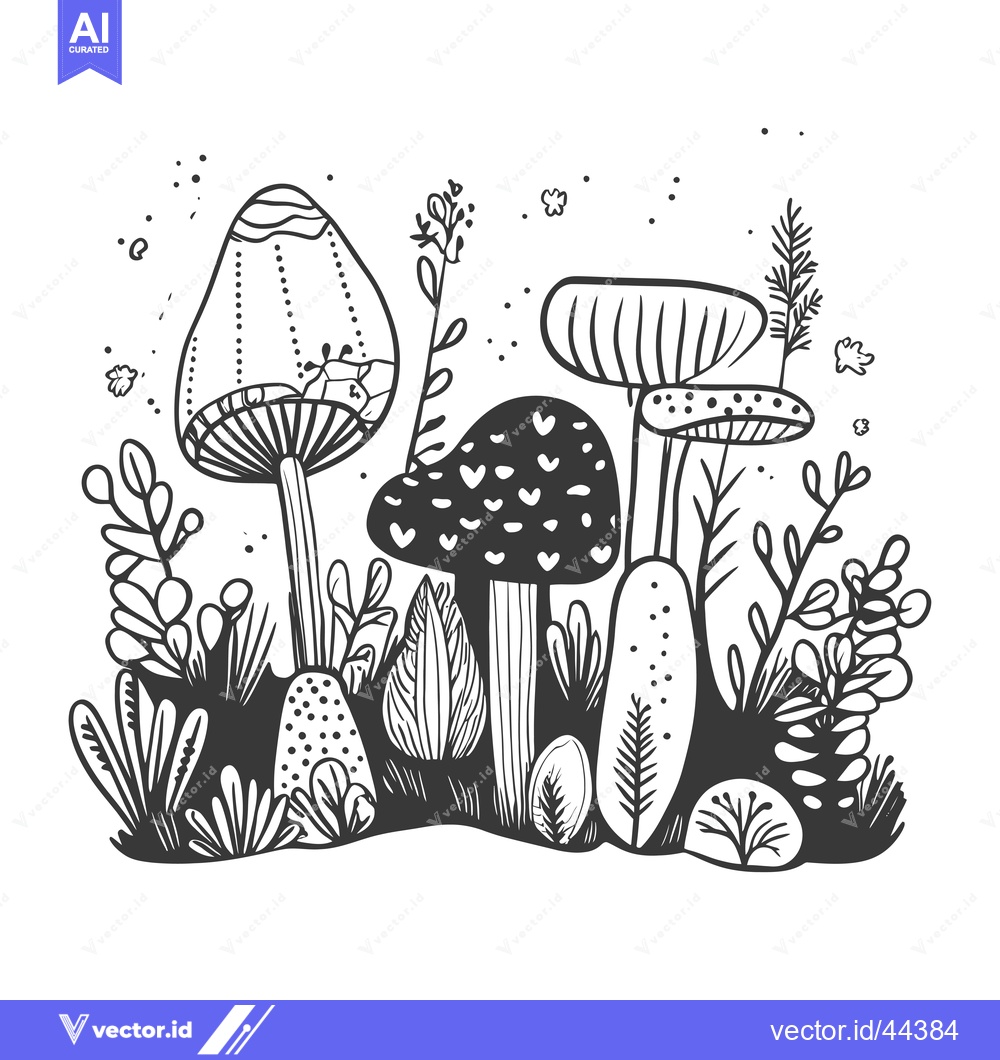 Premium Vector of Hand-Drawn Black and White Illustration of Mushrooms and Foliage