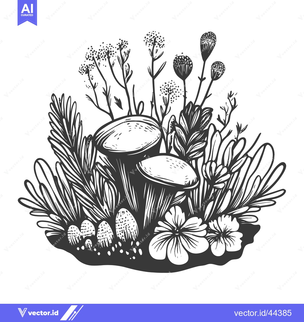Premium Vector of Hand-drawn black and white illustration of mushrooms, flowers, and pla