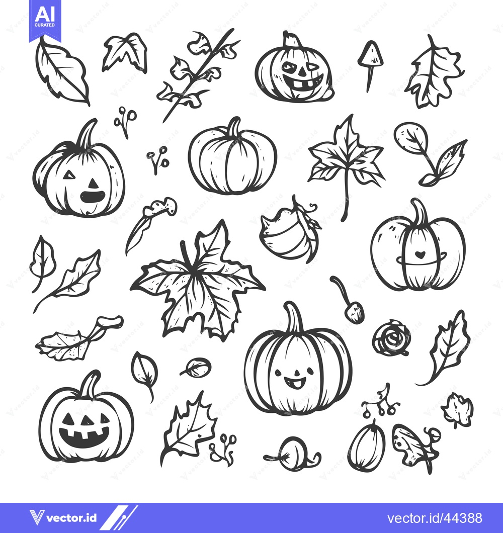 Premium Vector of Hand-Drawn Black and White Illustration of Pumpkins and Leaves