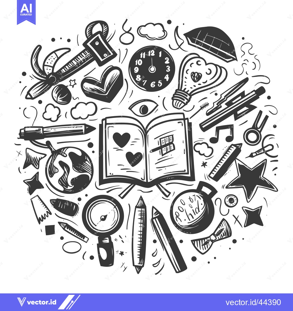 Premium Vector of Hand-Drawn Black and White Illustration of School Supplies and Other O