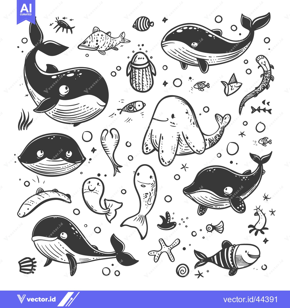 Premium Vector of Hand-Drawn Black and White Illustration of Sea Creatures