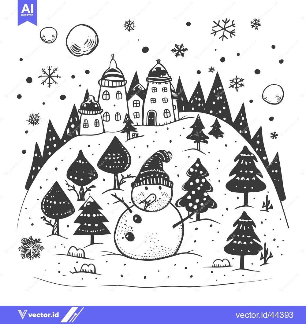 Premium Vector dari Hand-drawn black and white illustration of a snowman in a winter villa