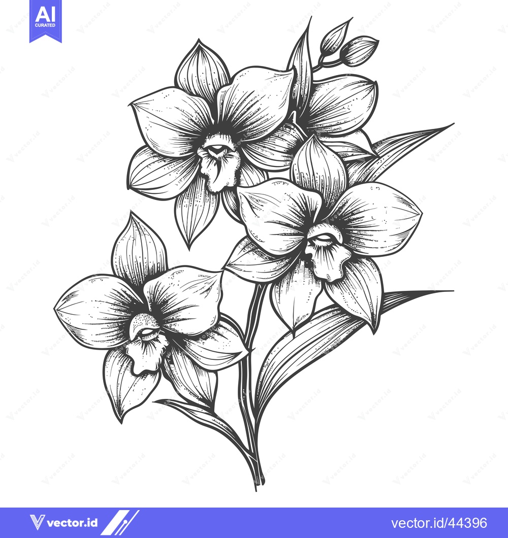 Premium Vector of Hand-drawn black and white illustration of three orchid flowers with l