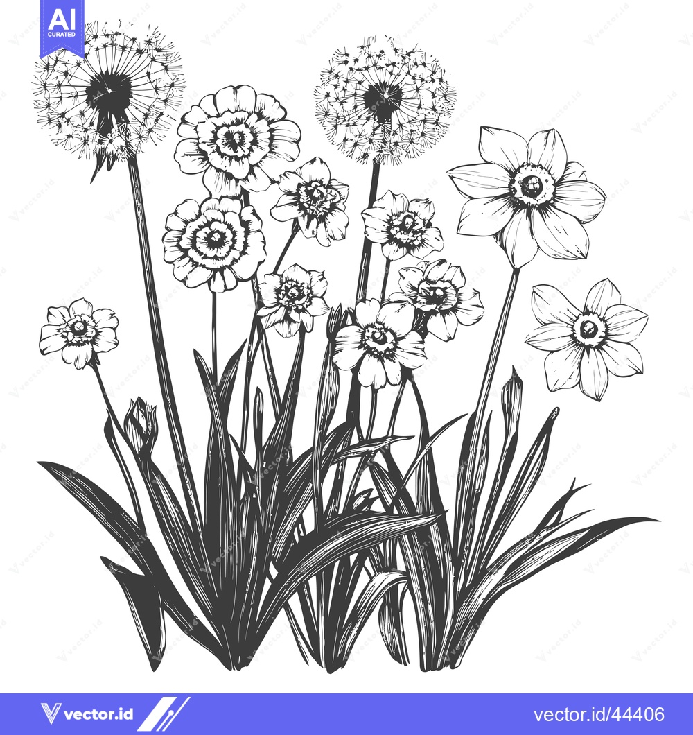 Premium Vector dari Hand-drawn black and white illustration of various blooming flowers an