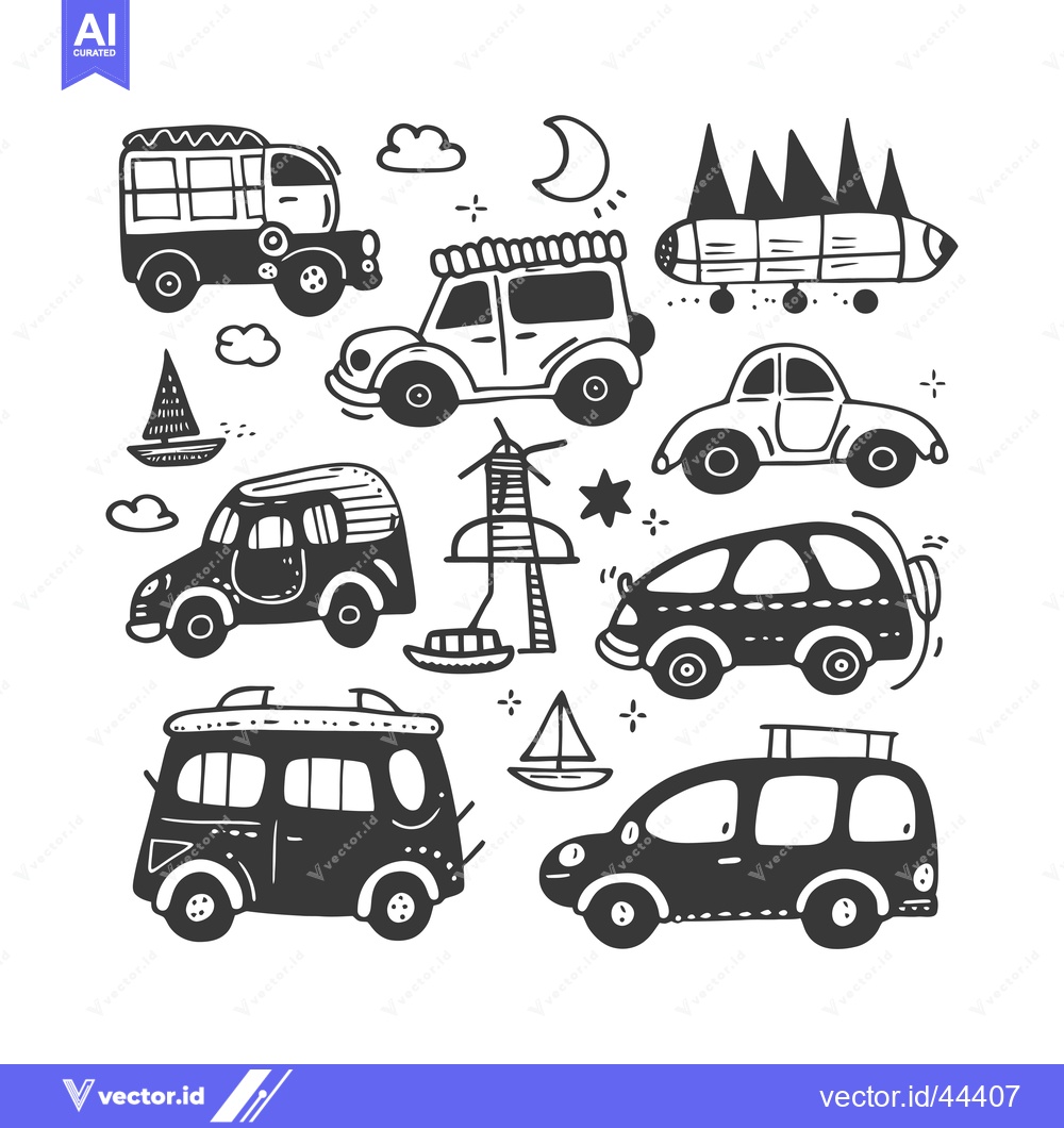 Premium Vector dari Hand-Drawn Black and White Illustration of Various Cars and Transporta