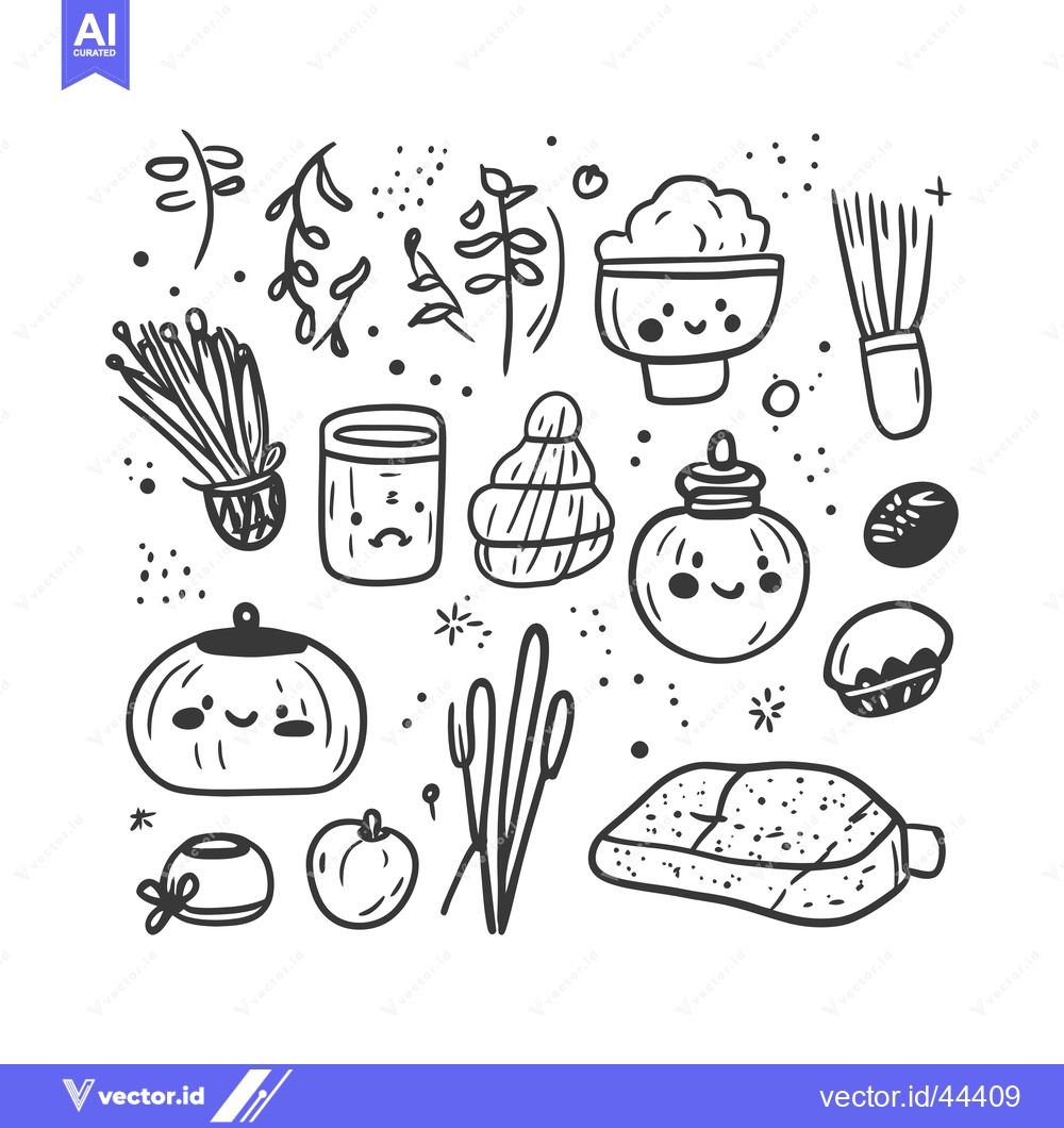 Premium Vector dari Hand-drawn Black and White Illustration of Various Cute Objects with F