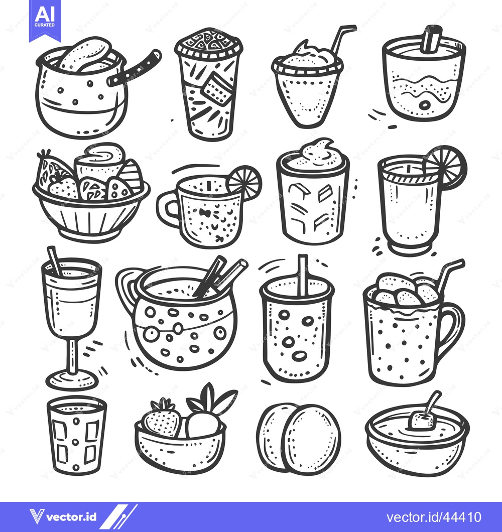 Premium Vector dari Hand-Drawn Black and White Illustration of Various Drinks and Fruit