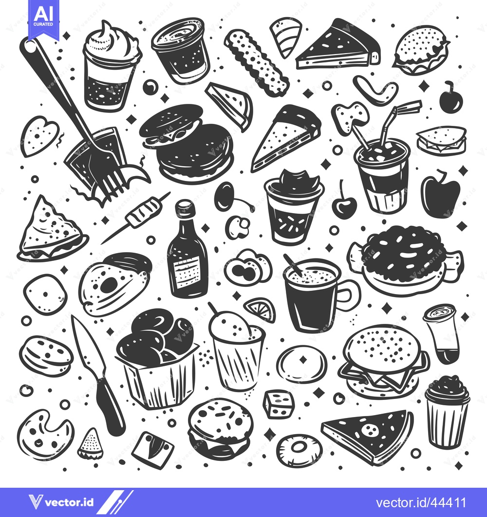 Premium Vector of Hand-drawn Black and White Illustration of Various Food and Drink Item