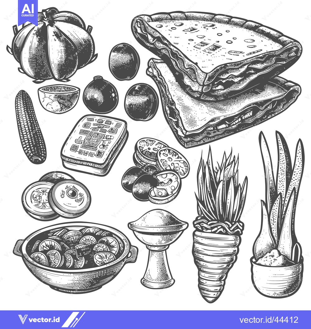 Premium Vector dari Hand-Drawn Black and White Illustration of Various Food and Plant Item