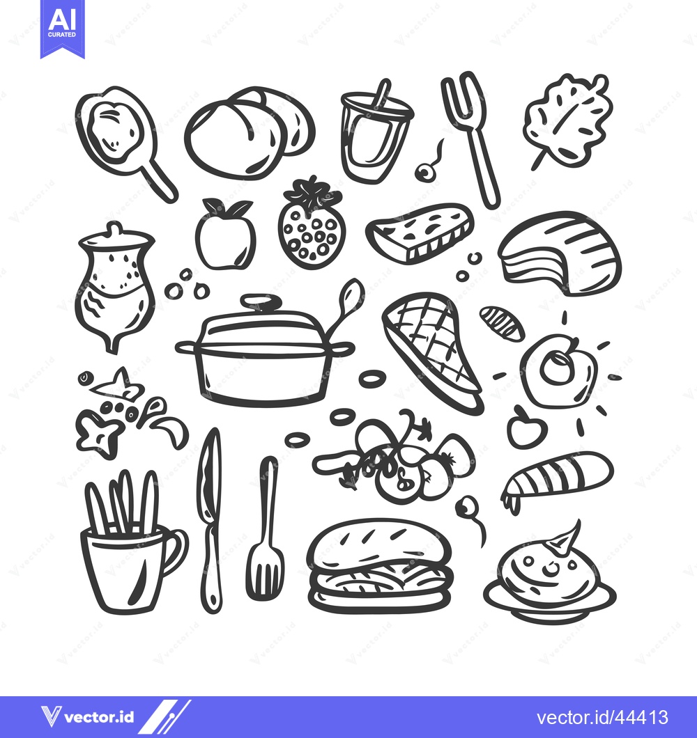 Premium Vector dari Hand-Drawn Black and White Illustration of Various Food Items