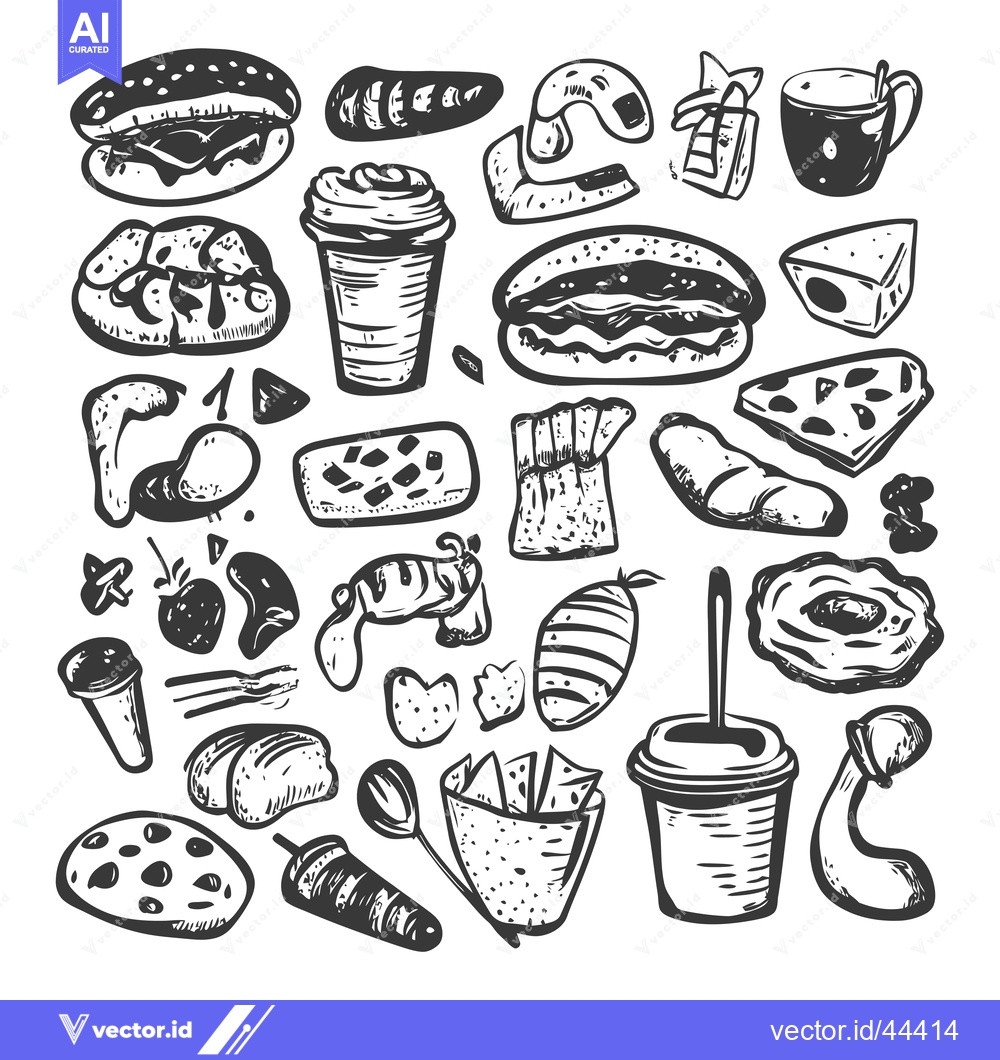 Premium Vector of Hand-Drawn Black and White Illustration of Various Food Items