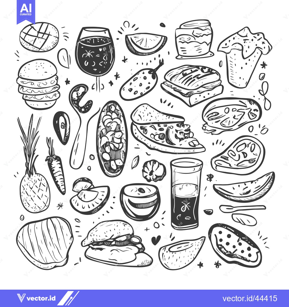 Premium Vector dari Hand-Drawn Black and White Illustration of Various Food Items
