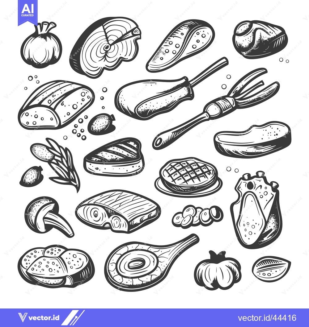 Premium Vector dari Hand-Drawn Black and White Illustration of Various Food Items
