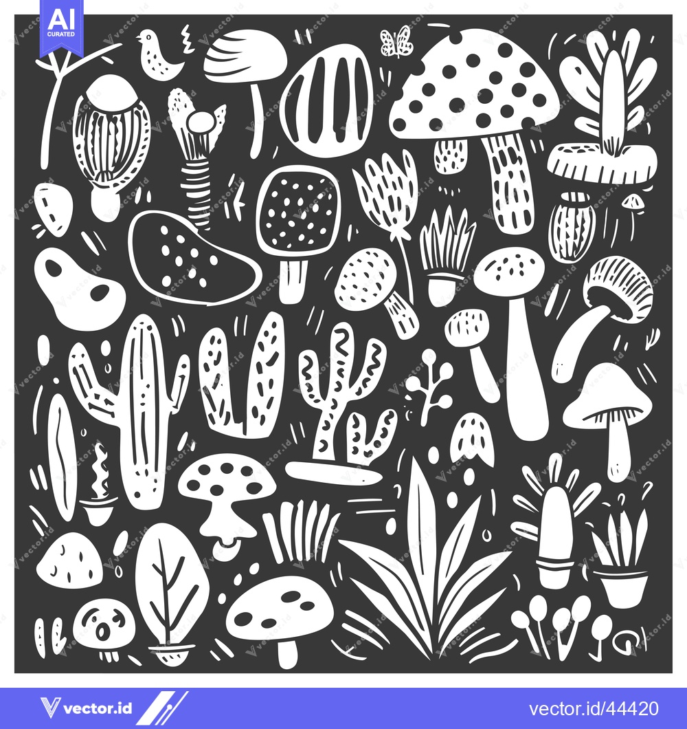 Premium Vector dari Hand-Drawn Black and White Illustration of Various Fungi and Plants