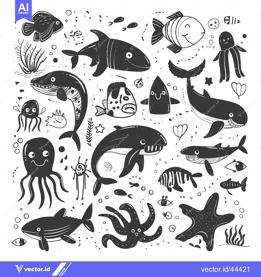 Premium Vector of Hand-drawn Black and White Illustration of Various Sea Creatures