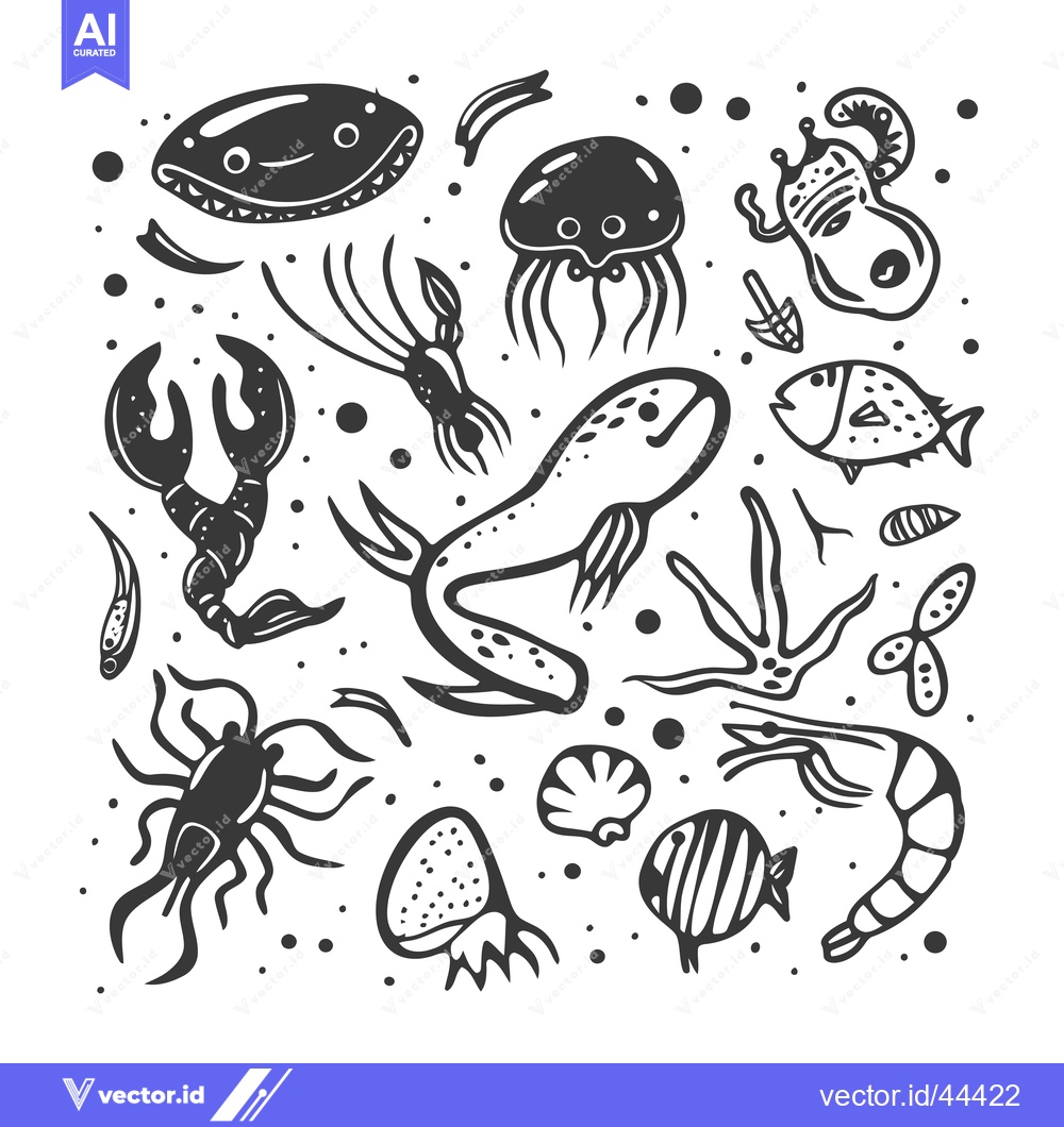 Premium Vector of Hand-Drawn Black and White Illustration of Various Sea Creatures