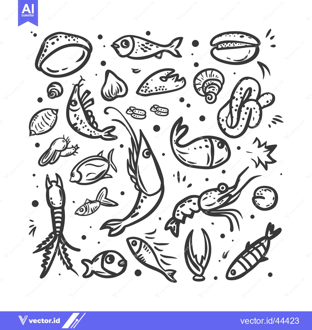 Premium Vector of Hand-drawn Black and White Illustration of Various Sea Creatures and O