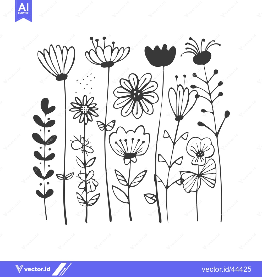 Premium Vector dari Hand-drawn black and white illustration of various stylized flowers