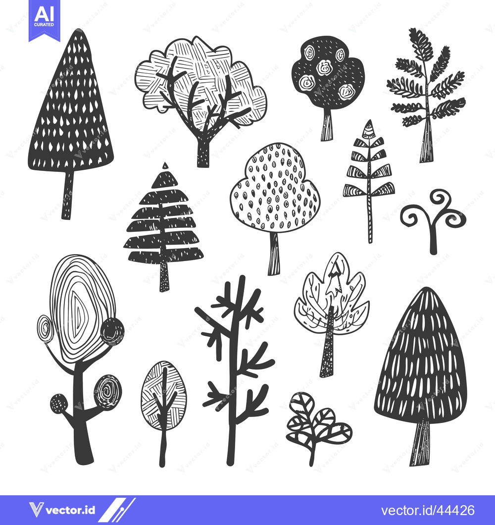 Premium Vector of Hand-Drawn Black and White Illustration of Various Trees and Foliage