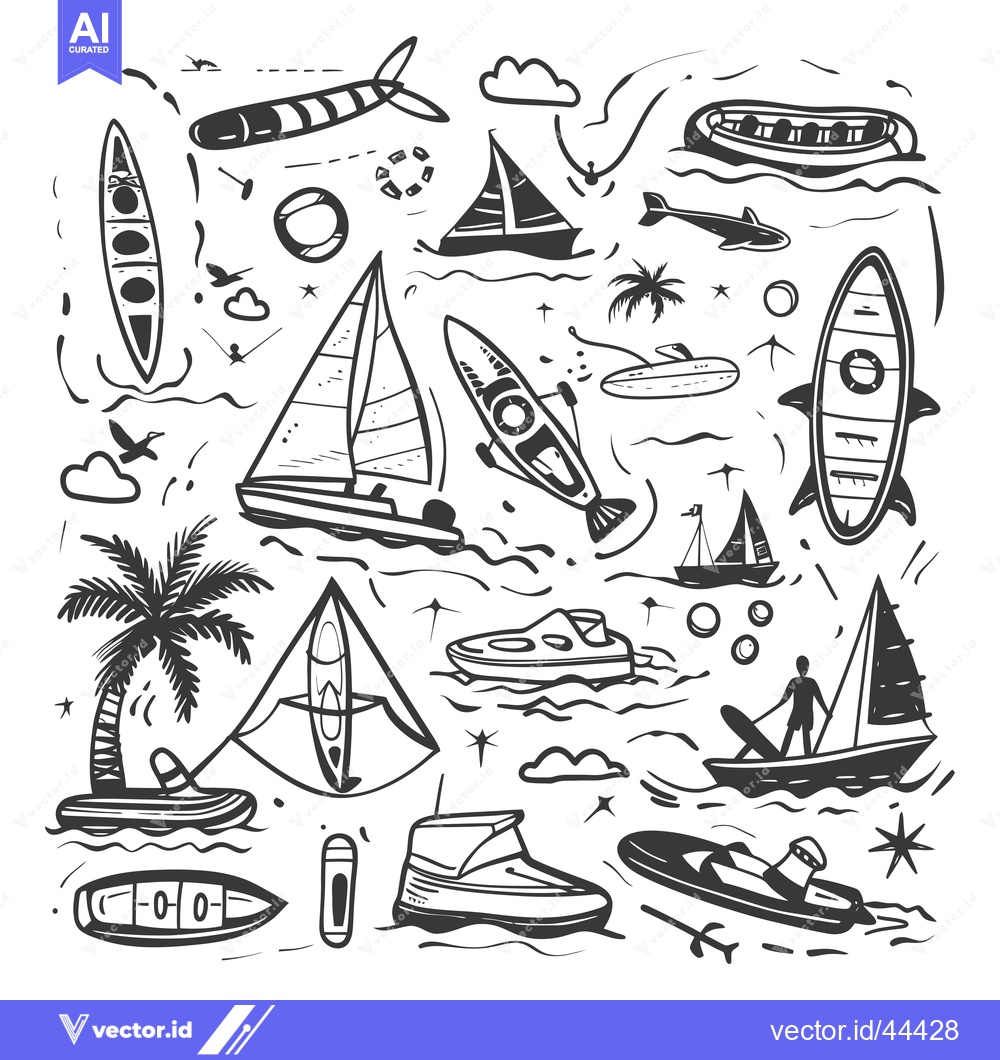 Premium Vector of Hand-drawn Black and White Illustration of Various Water Sports and Ac