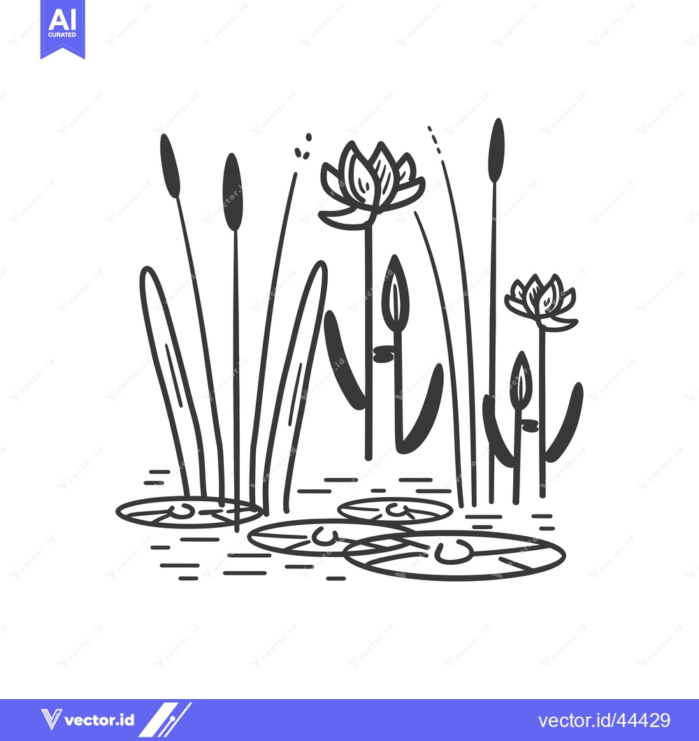 Premium Vector dari Hand-Drawn Black and White Illustration of Water Lilies and Reeds in a