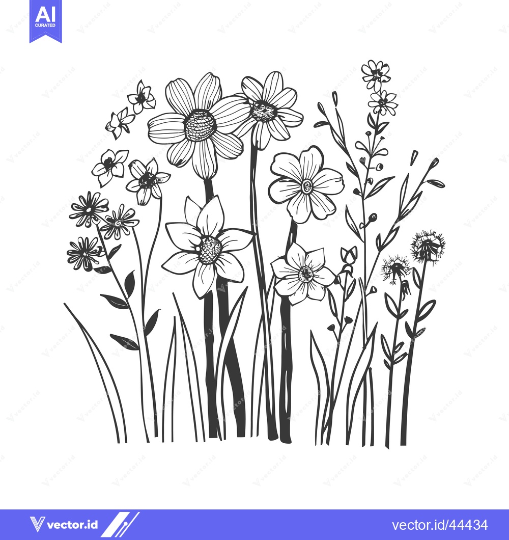 Premium Vector of Hand-Drawn Black and White Illustration of Wildflowers
