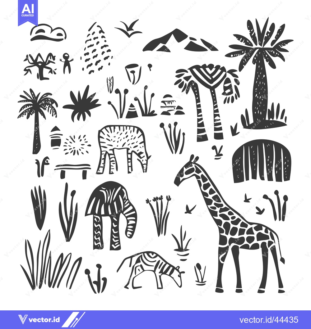 Premium Vector of Hand-drawn black and white illustrations of African wildlife and lands