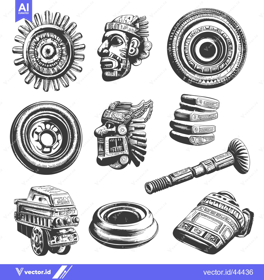 Premium Vector dari Hand Drawn Black and White Illustrations of Ancient Mayan Artifacts