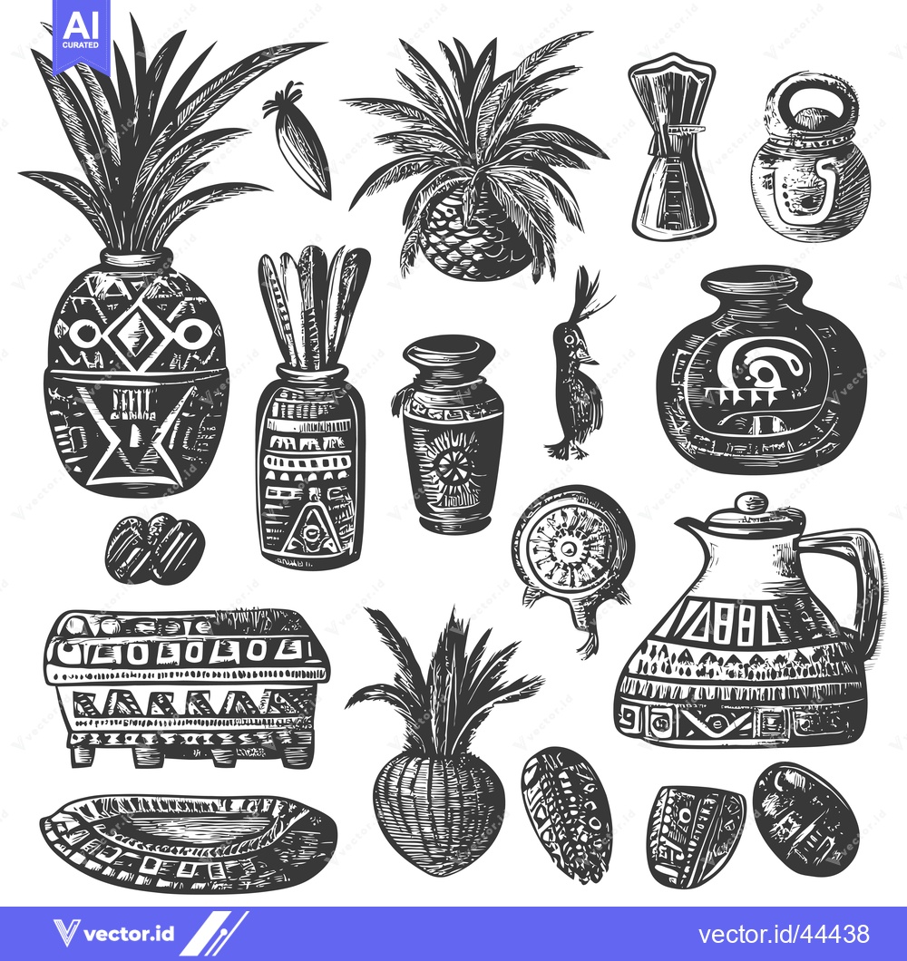 Premium Vector of Hand-Drawn Black and White Illustrations of Ancient Pottery, Plants, a