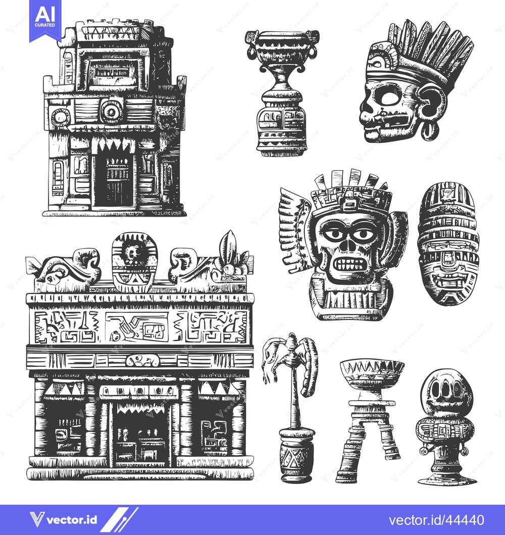 Premium Vector dari Hand-Drawn Black and White Illustrations of Aztec Artifacts