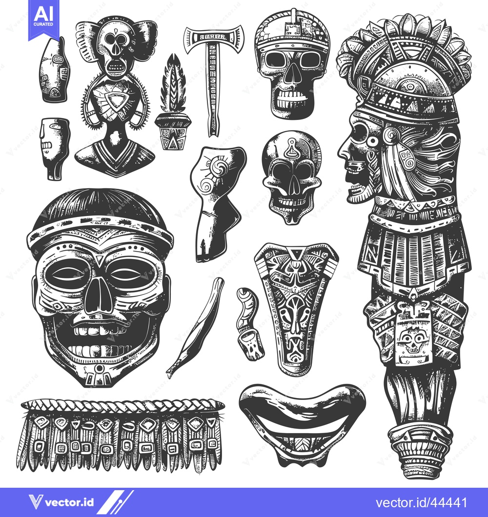 Premium Vector dari Hand-Drawn Black and White Illustrations of Aztec Sculptures and Desig