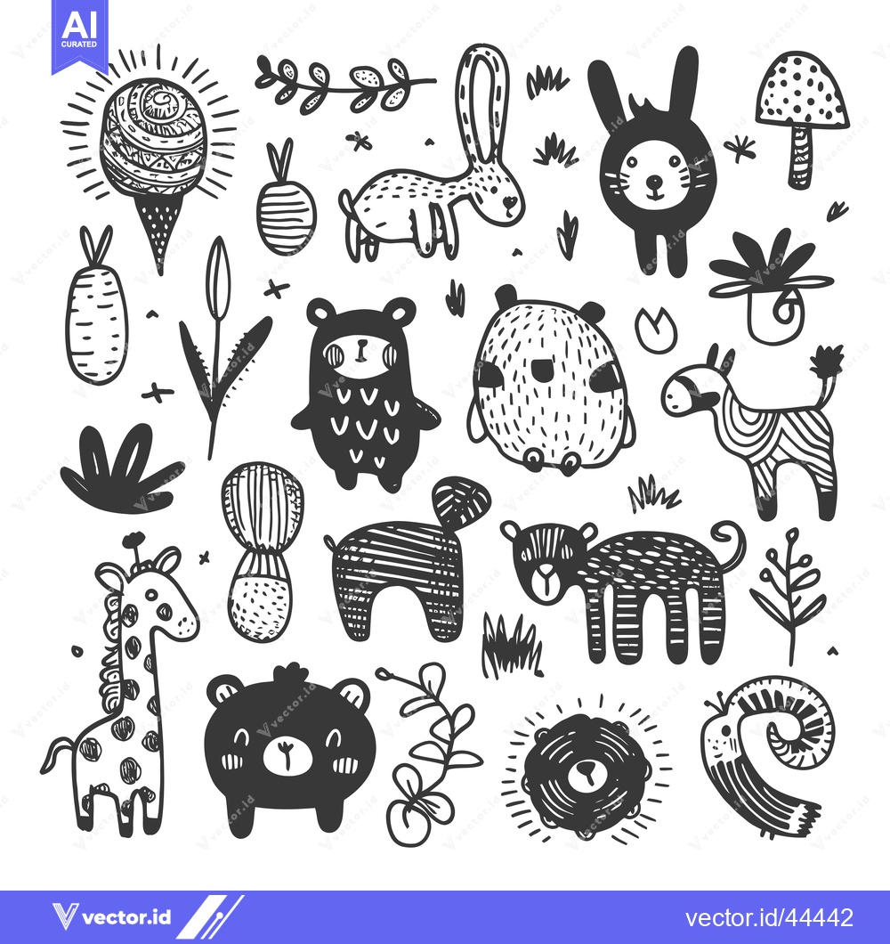 Premium Vector dari Hand-drawn Black and White Illustrations of Cute Animals and Plants