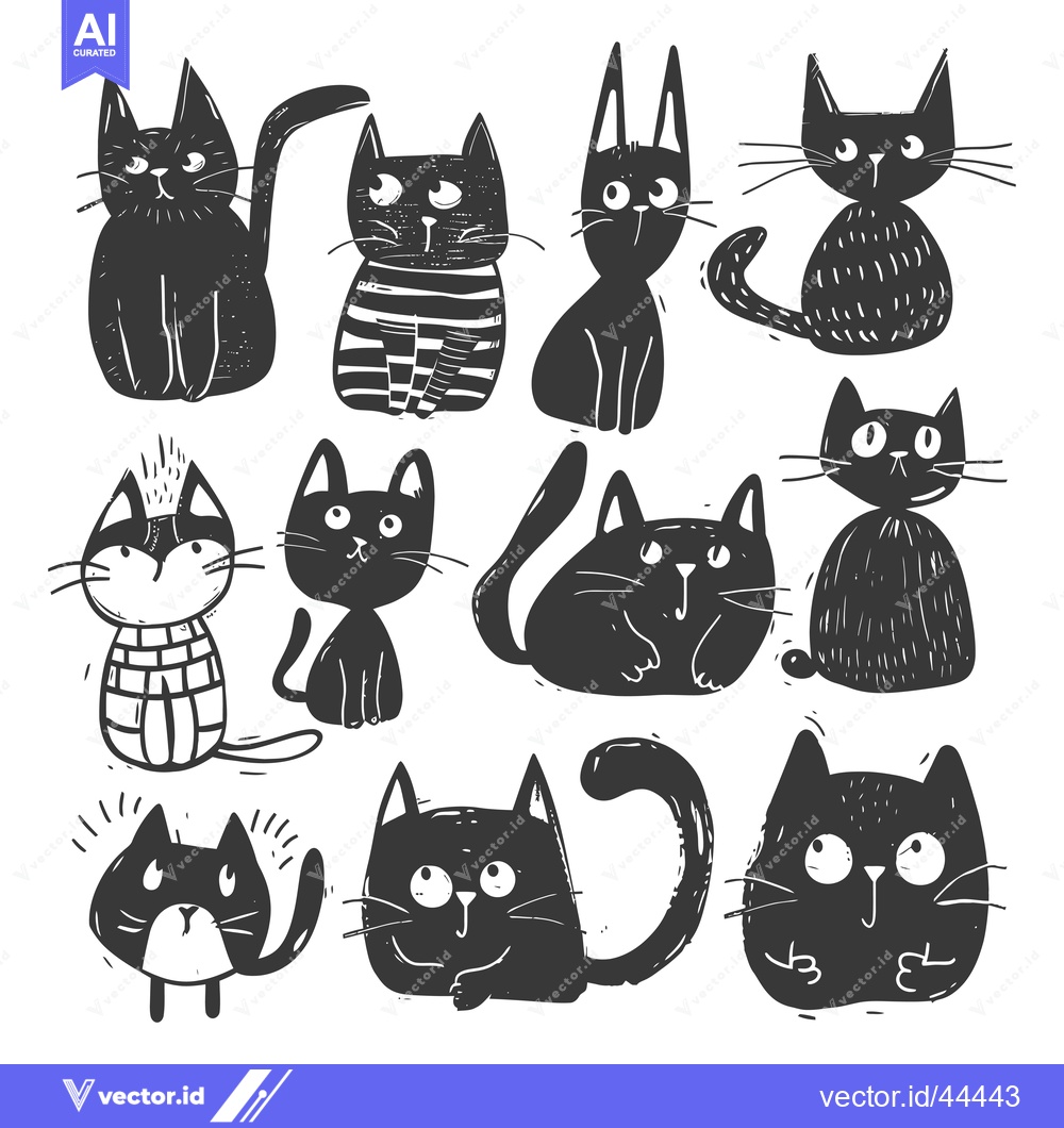Premium Vector dari Hand-drawn black and white illustrations of cute cats in various poses