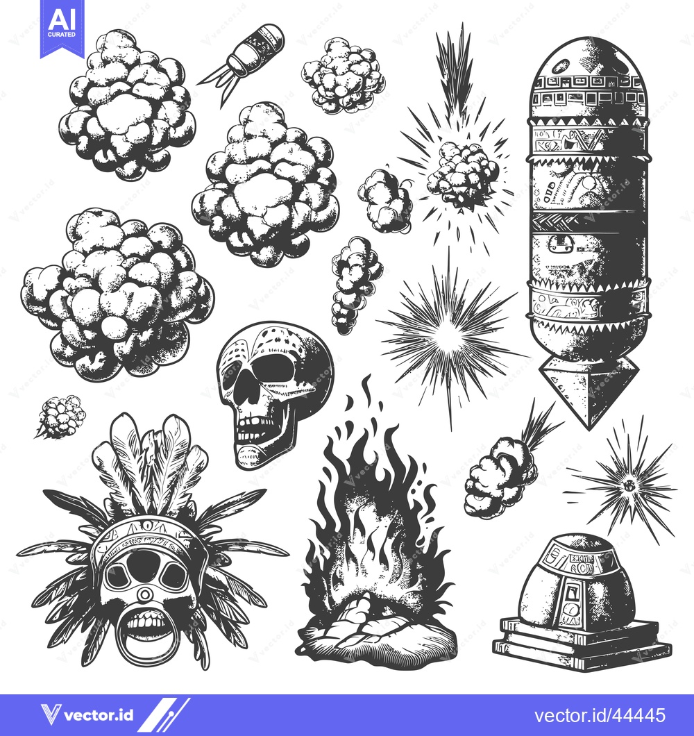 Premium Vector of Hand-drawn black and white illustrations of explosive elements, a skul