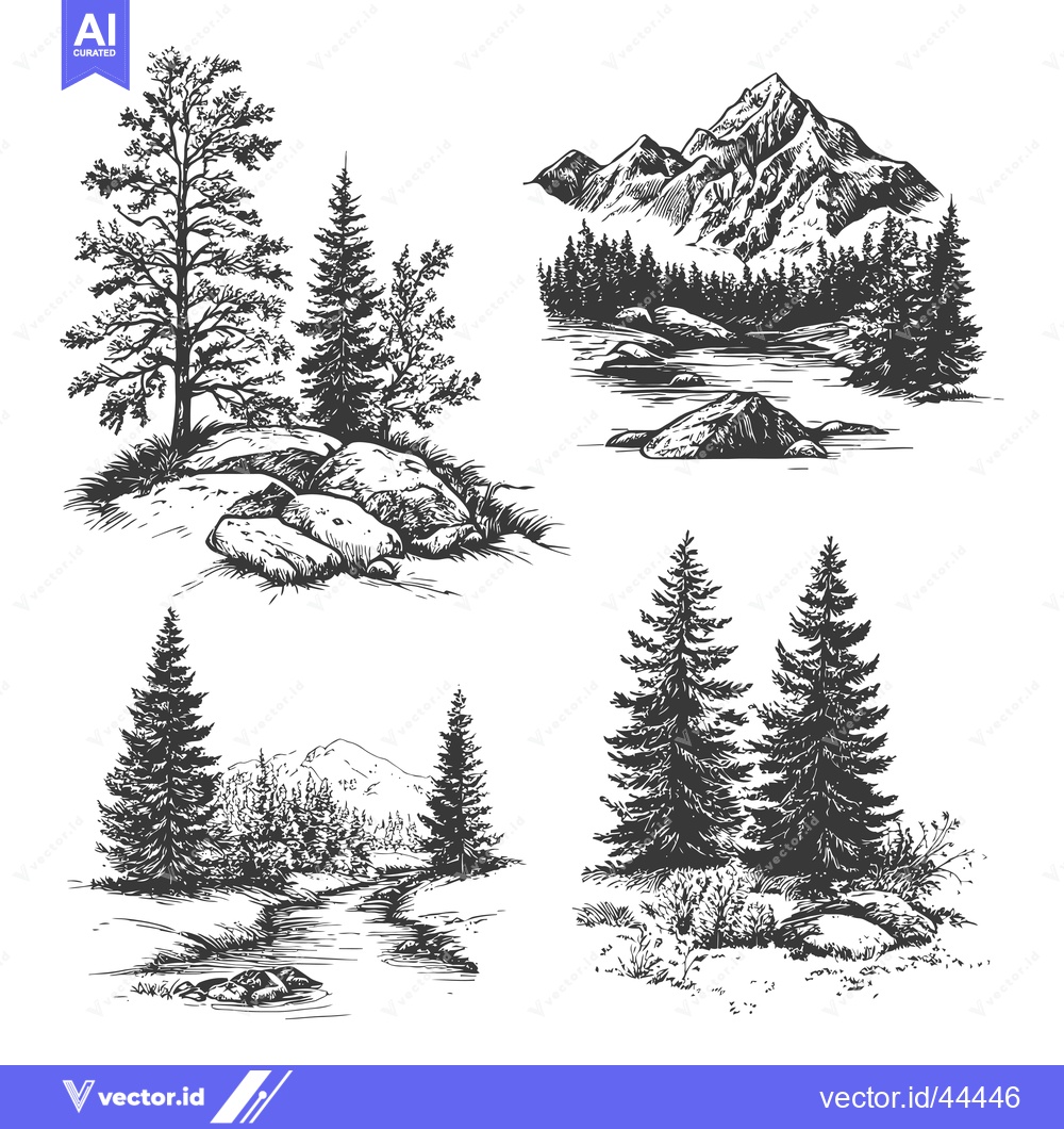 Premium Vector dari Hand-Drawn Black and White Illustrations of Forest Landscapes with Mou