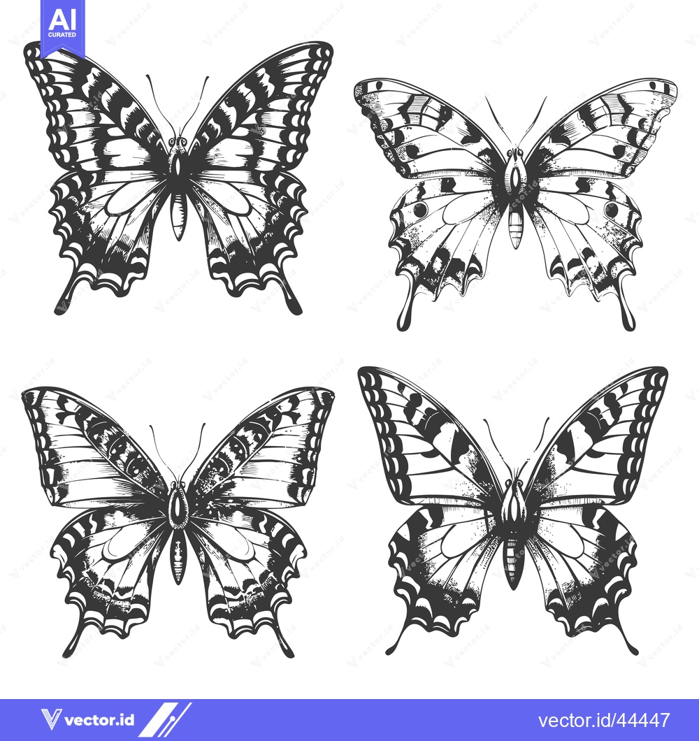 Premium Vector of Hand-Drawn Black and White Illustrations of Four Butterflies