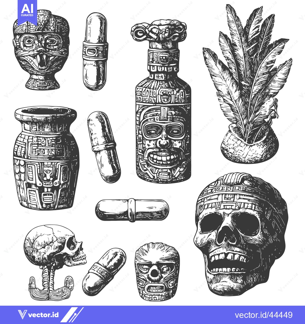 Premium Vector dari Hand-Drawn Black and White Illustrations of Mayan Cultural Artifacts a