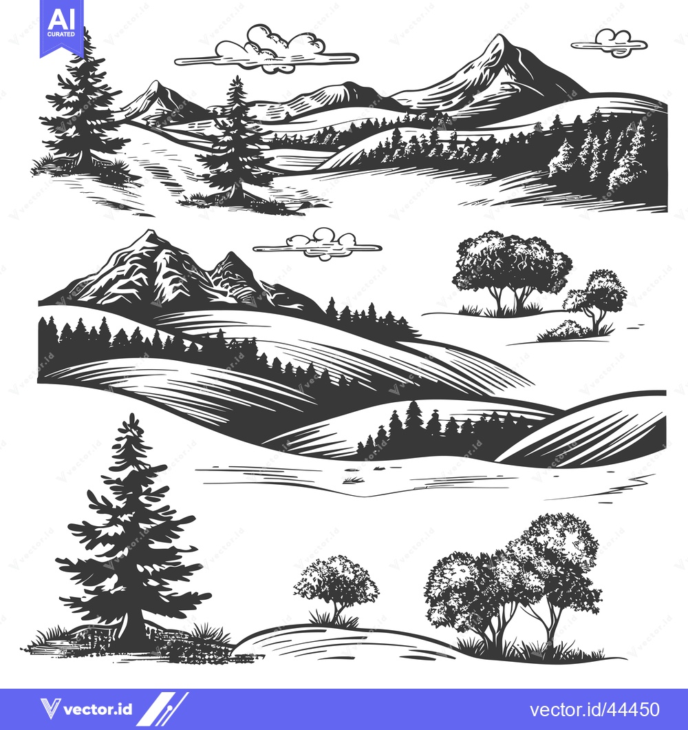 Premium Vector of Hand-Drawn Black and White Illustrations of Mountainous Landscapes wit