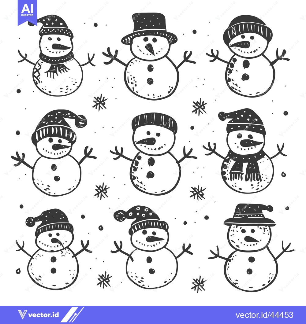 Premium Vector dari Hand-drawn black and white illustrations of snowmen with various hats