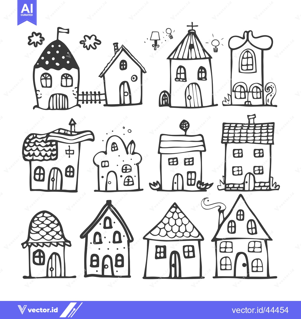 Premium Vector of Hand-Drawn Black and White Illustrations of Ten Different Houses